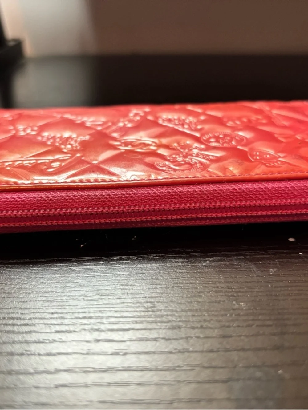 Authentic Chanel Lucky Symbols Embossed Patent Leather Long Zippy Wallet – Coral
